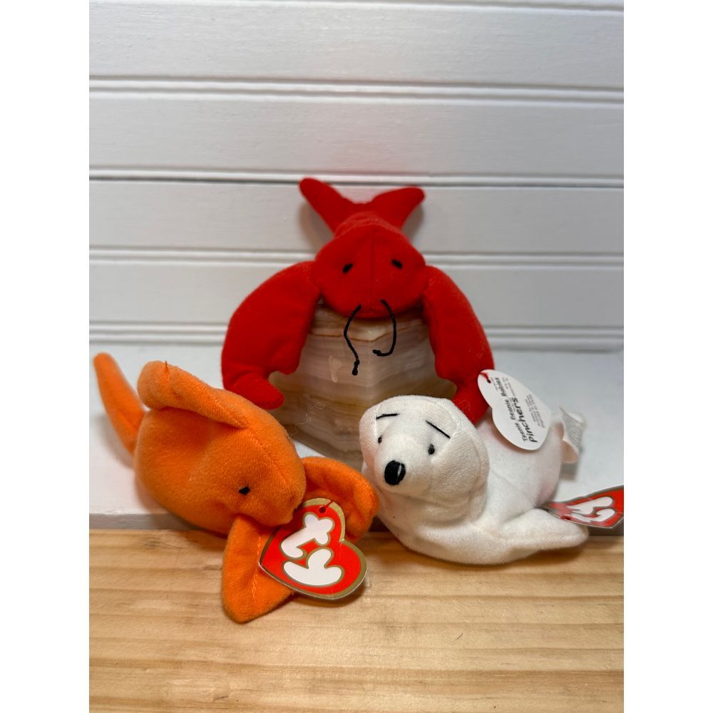Vintage mini beanie babies sea life lobster fish sea lion‎ with tags set of 3